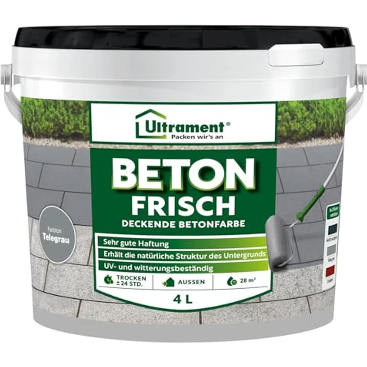 Ultrament Beton Frisch 4L Telegrau, deckende Betonfarbe für Pflastersteine & Beton, UV- & witterungsbeständig, wasserbasiert, für Außenbereiche – Bild 1