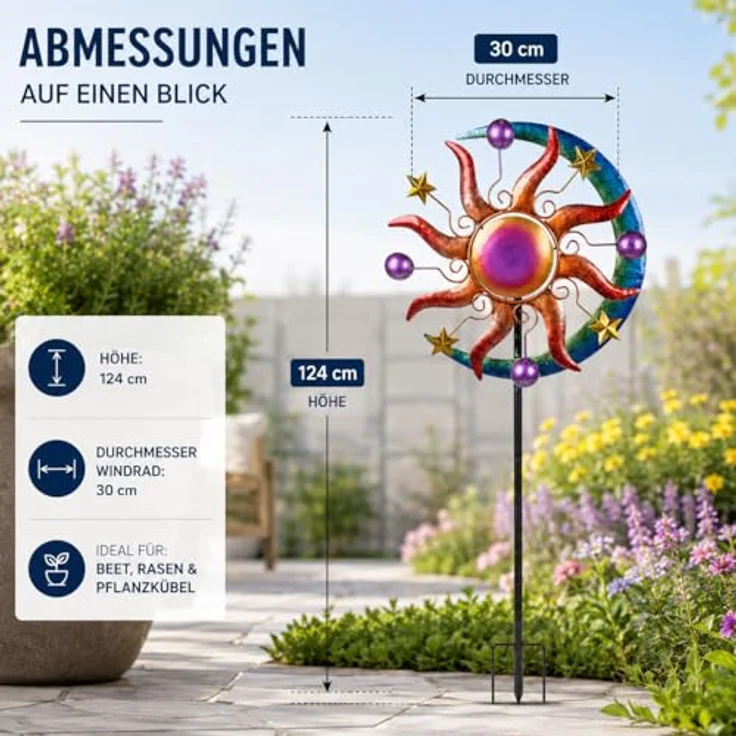 Buntes Windrad Sonne Mond und Sterne für den Garten aus Metall Windspiel Windmühle 124 cm – Bild 6