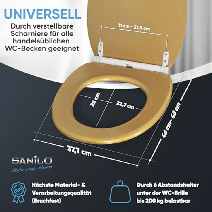 Sanilo WC Sitz Glitzer Gold, Toilettendeckel aus Holz mit Absenkautomatik und antibakterieller Oberfläche, passend für alle WC-Becken – Bild 5