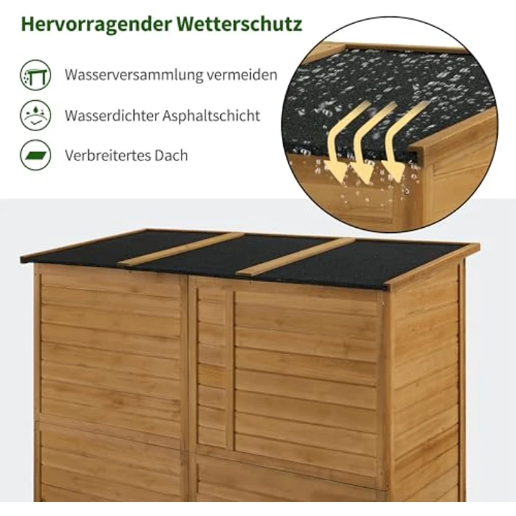M MCombo Gartenschrank Geräteschuppen Holz Wetterfest, Gartenhaus Outdoor Wasserdicht Begehbar für Außenbereich Balkon Terrasse, Aufbewahrungsschrank mit 3 Regale 73×144×185 cm (Natur) – Bild 5