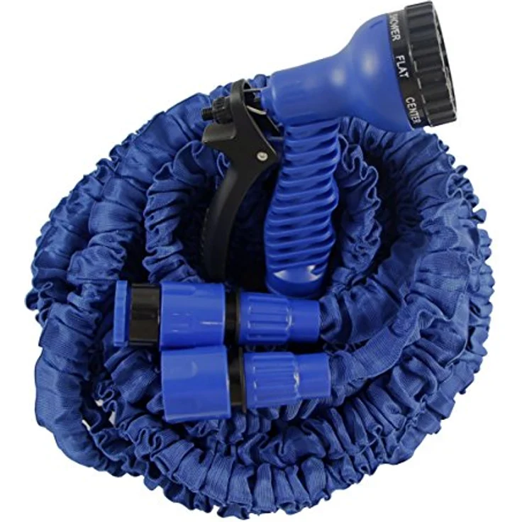 HELO Gartenschlauch 'Flexi', 22,5 m ausgedehnt (7,5 m gefaltet), blauer flexibler Wasserschlauch mit verstärktem Gewebe und 7-in-1 Multifunktionsdüse – Bild 3