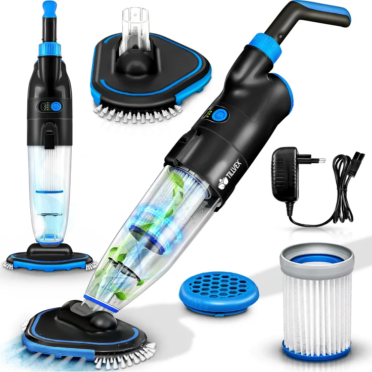 Tillvex Poolsauger mit Akku - bis zu 15 m³ | Pool Bodensauger elektrisch | Poolreiniger mit Filter & 2-Geschwindigkeits-System | Handsauger Reinigungsset kabellos