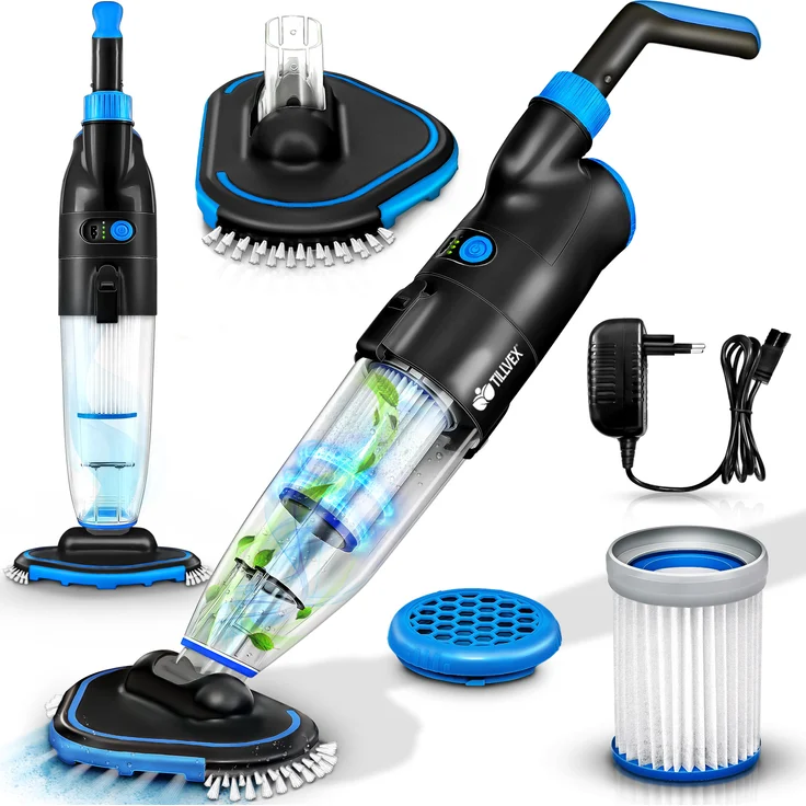 tillvex Poolsauger mit Akku - bis zu 25 m³ | Pool Bodensauger elektrisch | Poolreiniger mit Filter & 2-Geschwindigkeits-System | Handsauger Reinigungsset kabellos