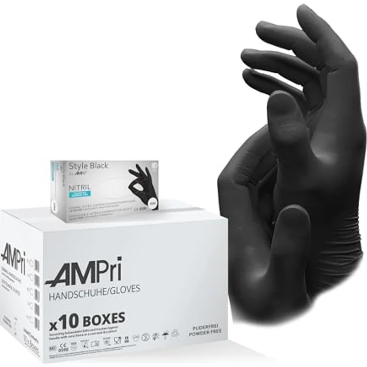 AMPri Nitril Einmalhandschuhe, schwarz, 10 Box a 100 Stk, Größe S, puderfrei, Style Black by Med-Comfort – Bild 1