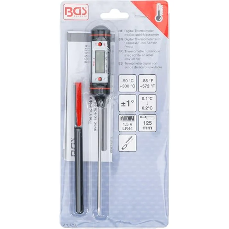 BGS TECHNIC Digital-Thermometer mit Edelstahl-Messsonde, Temperaturbereich -50 °C bis +300 °C, automatischer Abschaltung, Temperaturspeicher, Taschenclip – Bild 5