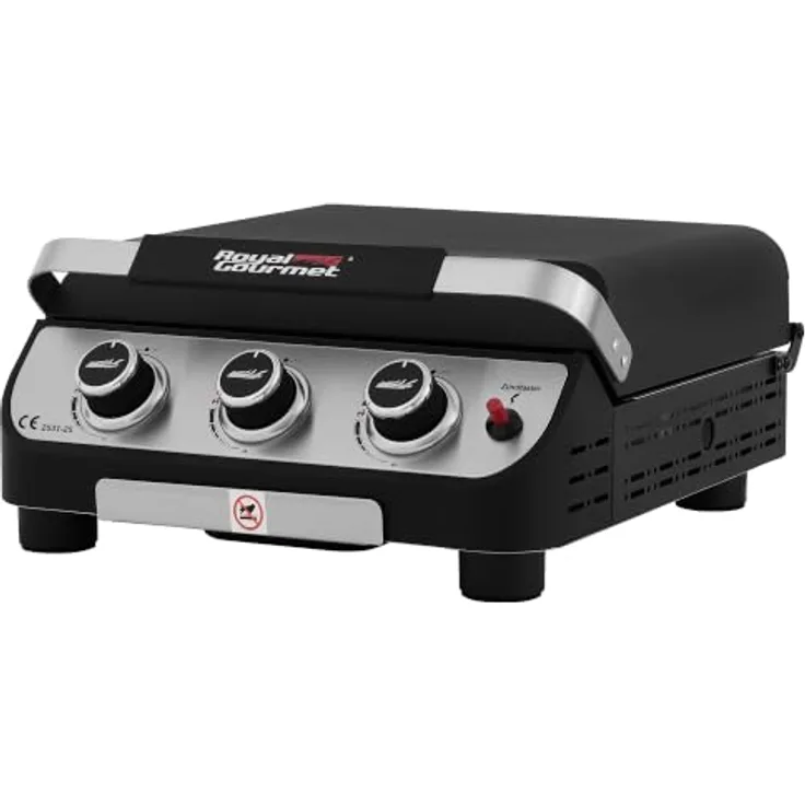 Royal Gourmet Gasgrill 3 Brenner Plancha Tischgrill, emaillierte Bratplatte, komfortabler Deckelgriff, batterie­freie Piezozündung, verstellbare Standfüße