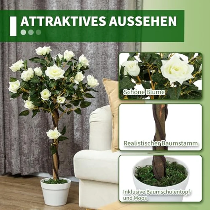 Outsunny Künstliche Rosenpflanzen, 90 cm Kunstpflanze mit UV-Schutz im Topf, lebensecht für Wohnzimmer und Büro – Bild 4