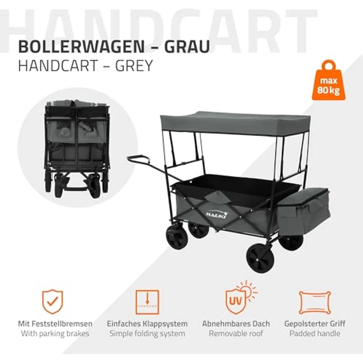 Hauki Bollerwagen L faltbar mit abnehmbarem Dach, grau, bis 80 kg Tragkraft, inkl. 2 Netztaschen und 1 Außentasche, Vorderrad-Bremse, für Kinder und Geräte – Bild 2