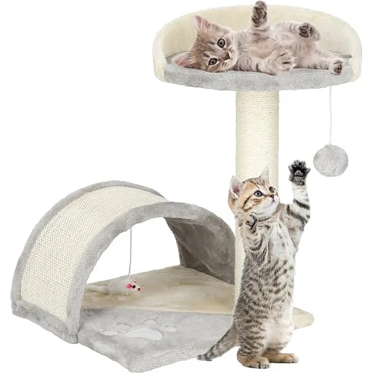 SPRINGOS Kratzbaum Plattform mit Spielball, Spielmaus und Brücke, grau-creme, 47 cm – Bild 4