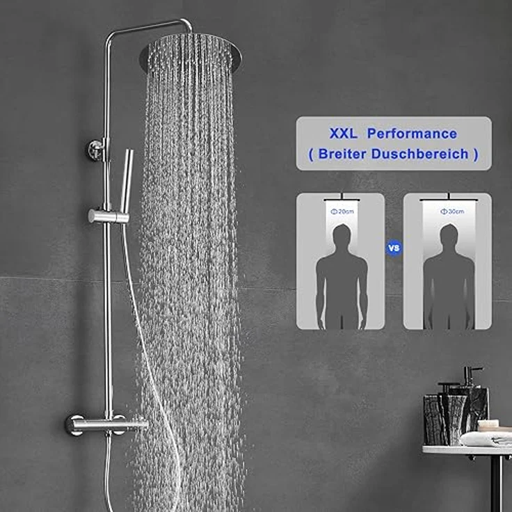 JOHO Thermostat Duschsystem, Regendusche Duschset mit XXL Kopfbrause Ø 30cm, Chrom, inklusive Mischbatterie und höhenverstellbarer Duschstange – Bild 2