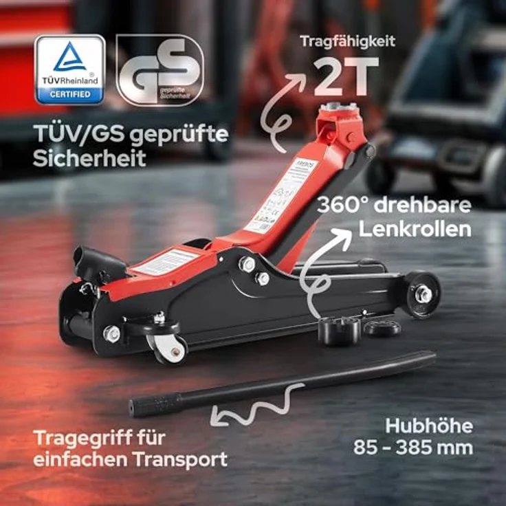 AREBOS 2t Hydraulischer Rangierwagenheber Autoheber - Niedrige Hubhöhe, hohe Tragkraft - Rot/Schwarz – Bild 3