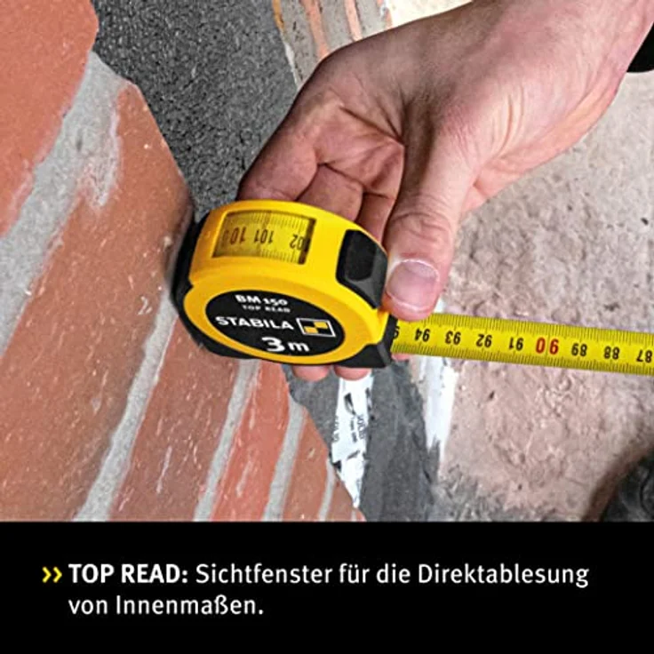 STABILA Taschenbandmaß BM 150, 3 m, Maßband mit metrischer Skala, Sichtfenster für Direktablesung, bruchsicheres ABS-Gehäuse, beweglicher Anfangshaken, Gürtel-Clip, MID-Genauigkeit – Bild 2