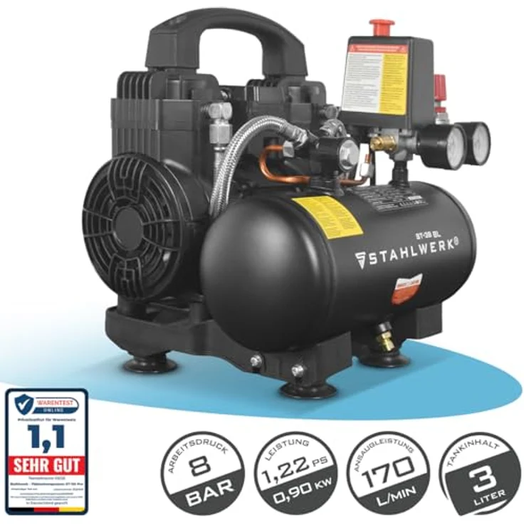 STAHLWERK Kompressor ST-38 BL, ölfreier 8 bar Druckluftkompressor mit 1,22 PS, 3 L Kesselinhalt und 170 l/min Luftdurchsatz, leise mit 65 dB – Bild 2
