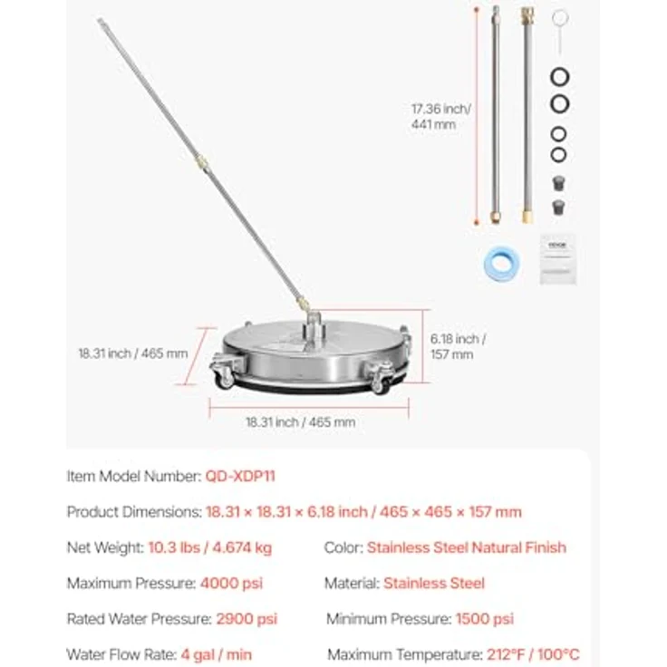 VEVOR 465 mm Hochdruckreiniger-Oberflächenreiniger aus Edelstahl, max. 4000 PSI, 1/4 Zoll Schnellanschluss, für Beton, Terrasse, Deck – Bild 8