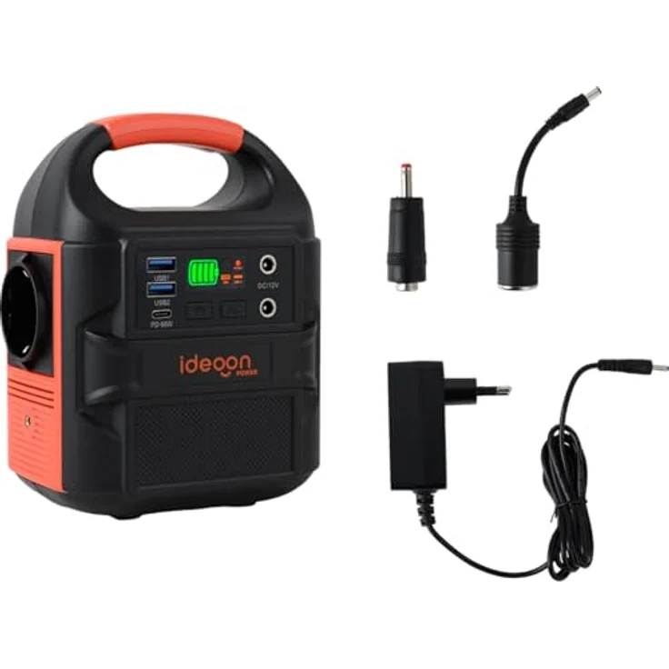 ideoon Mobiles Powerstation Set 88,8Wh mit 20W Solarmodul, 230V Steckdose, USB-C PD 65W, LED-Leuchte für Camping & Outdoor, schwarz-orange – Bild 8