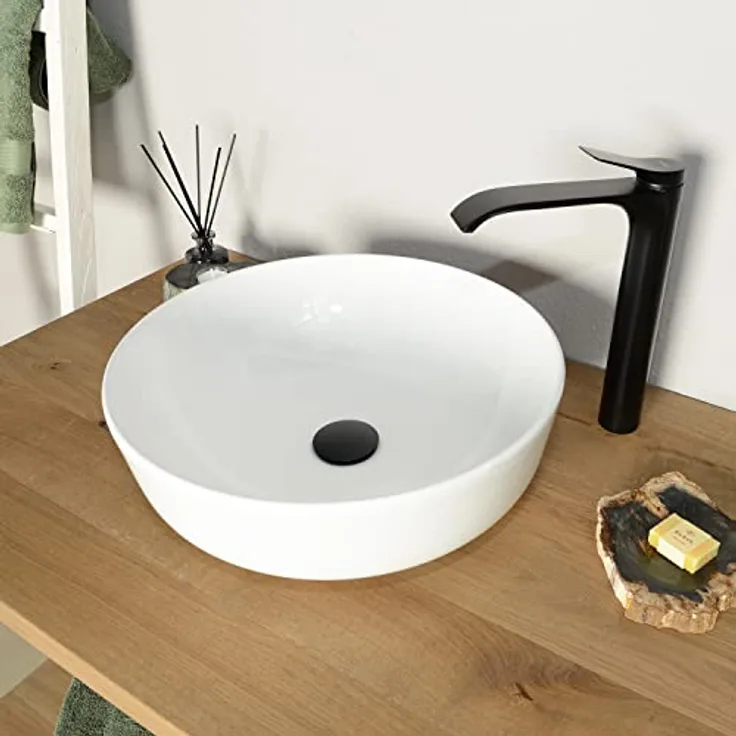 wohnfreuden Keramik Waschbecken 42 cm rund in weiß - Zeitloses Design, einfach zu montieren, ohne Überlaufschutz
