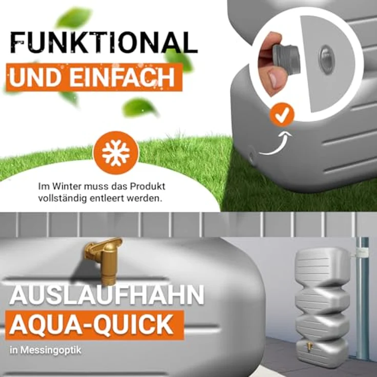 GARANTIA Regentonne CUBUS Komplett-Set 700 L, betongrau, inkl. Auslaufhahn und Fallrohrfilter, kompakte Bauform – Bild 5