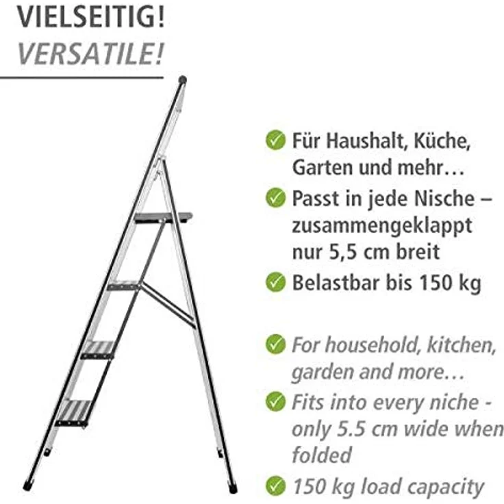 WENKO Leichte Aluminium Trittleiter mit 4 Stufen für 100 cm höheren Stand, rutschsichere XXL-Stufen, Design Klapptrittleiter mit 44 x 153 x 5,5 cm, Süd zertifiziert, matt silber – Bild 4