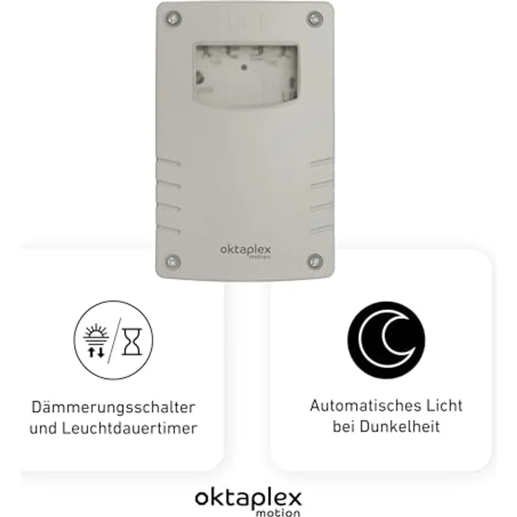 Oktaplex motion Bela Dämmerungsschalter, automatischer Dämmerungssensor mit Timer, IP65 wetterfest, 230V, grau weiß – Bild 2