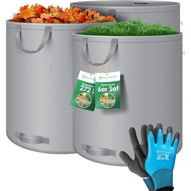 KESSER® Gartensack 6X 272L Set inkl. Handschuhe - Selbststehend, robust, faltbar mit 4 stabilen Griffen, grau – Bild 1