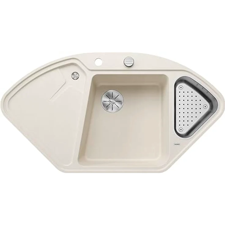 BLANCO DELTA II-F, SILGRANIT softweiß, Einbauart: Flächenbündig, Hauptbecken links, mit Ablauffernbedienung, mit Zubehör, 80er Unterschrank, Eckspüle, Ergonomische Anordnung vom Arbeitsbereich – Bild 1