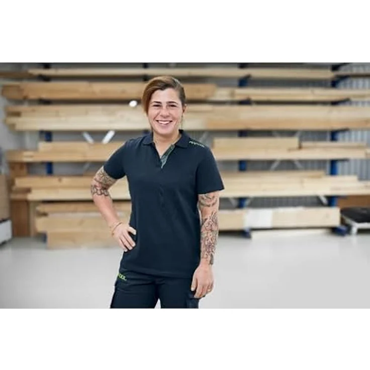 Festool 577299 Poloshirt, Klassisches Damen-Shirt aus Baumwolle, taillierter Schnitt, Dunkelblau mit grünen Details, Größe XL – Bild 2