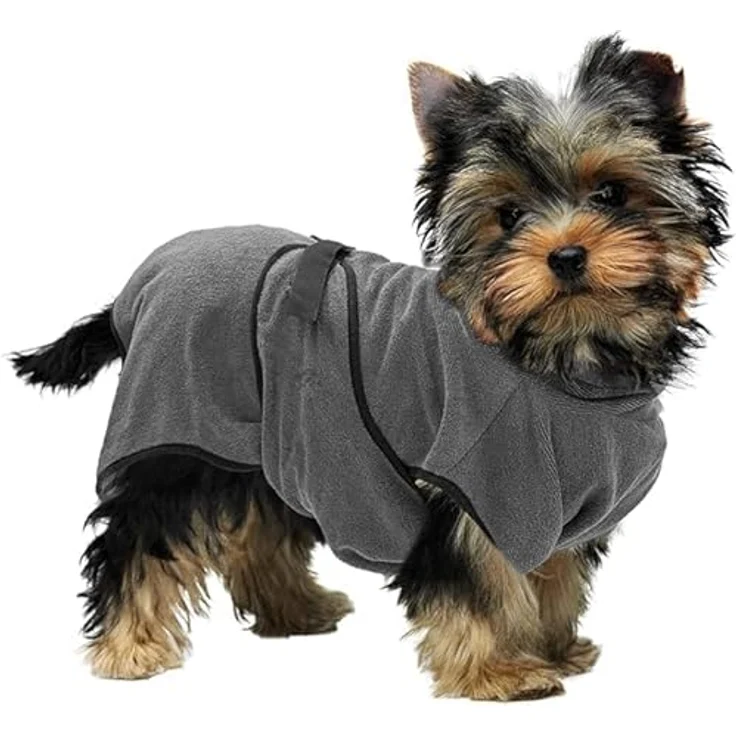 Royal Dry Bademantel Hund XS, Mikrofaser Hundehandtuch für kleine Hunde, rückenlänge 30-35 cm, schnell trocknend mit Klettverschluss, grau – Bild 1