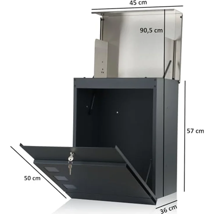 Zelsius Briefkasten Jordan mit Paketfach | pulverbeschichteter Stahl mit Edelstahl Elementen | RAL7016 Anthrazit | integrierte Rückholsperre | Wand- oder Ständermontage | Paketbriefkasten – Bild 2