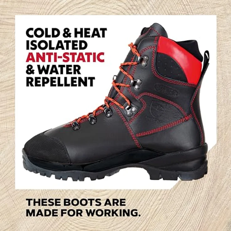 OREGON Schnittschutzstiefel Waipoua, Leder, wasserabweisend, Hitzebeständig bis 300 °C, Schwarz/Rot, Größe 46 – Bild 4