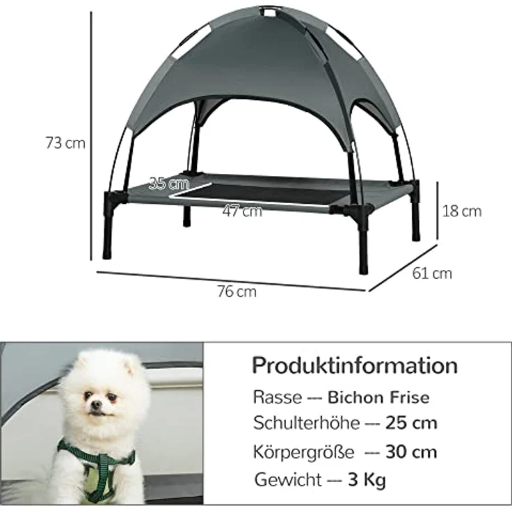 PawHut Haustierbett mit Baldachin, Erhöhtes Hundebett, Hundeliege Outdoor mit Dach, Atmungsaktiv, Taftstoff Grau 76 x 61 x 73 cm – Bild 3