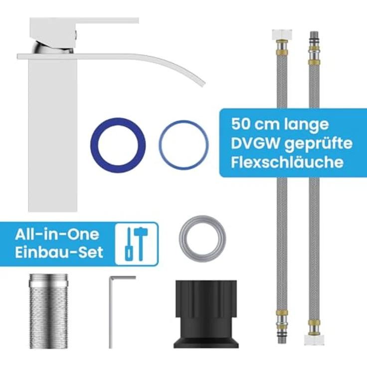 Bächlein Badarmatur Tamina, Wasserfall-Design Einhebelmischer mit Keramikkartusche und Montage-Set, Chrom – Bild 5