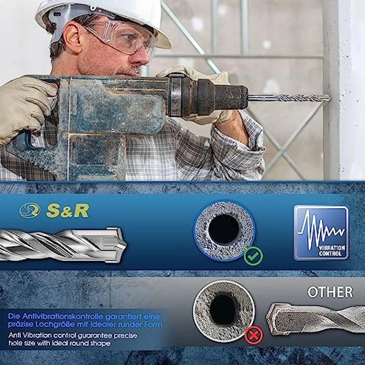 S&R Hammerbohrer/Steinbohrer Set 7-tlg SDS-Plus, 4-Schneiden Hartmetallschneide für Beton, Granit & Stein, 5-12mm, Multi-KVS-Helixnut, Industriequalität – Bild 5
