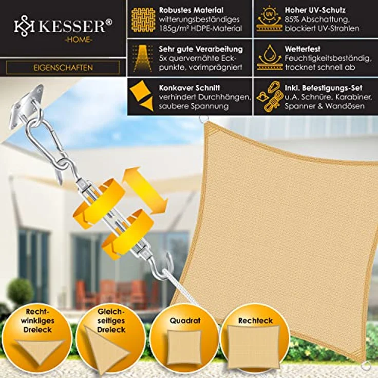 KESSER Sonnensegel Sonnenschutz Windschutz HDPE Gewebe wasserabweisend & windabweisend 5-Fach quer vernäht robust & stabil Schattenspender Garten Balkon Terrasse Rechteck, Sand, 2x4m – Bild 2