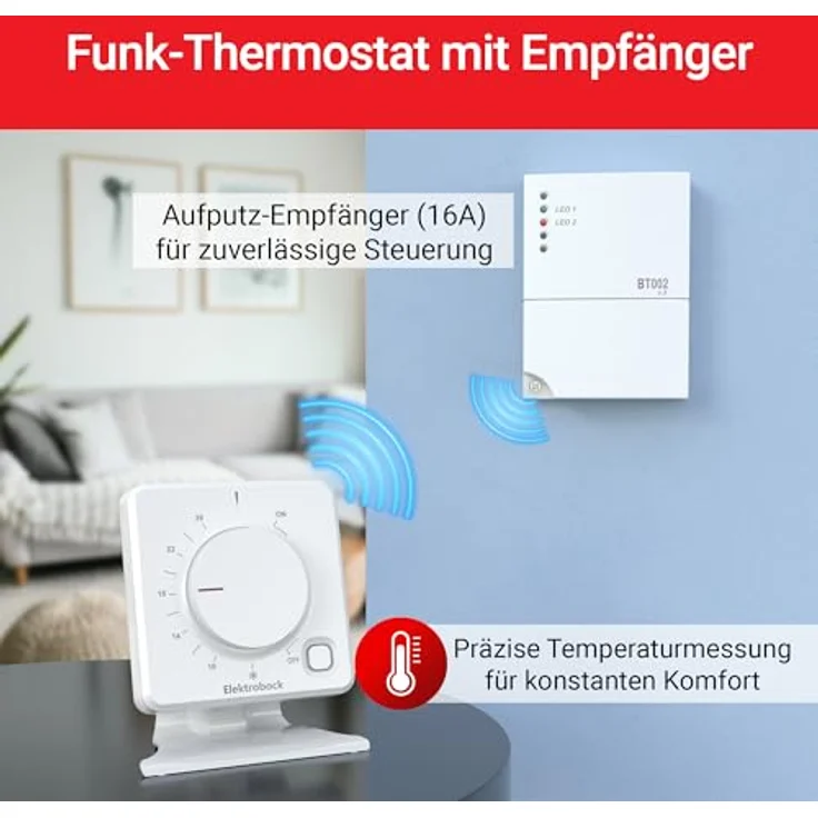 Elektrobock Funk Raumthermostat BPT012, programmierbar, Heiz- und Kühlmodus, Reichweite 35 m, automatische Nachtabsenkung, Aufputzmontage – Bild 2