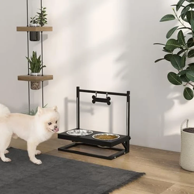 PawHut Erhöhtes Futterstation mit 0,9L Futterschale, Verstellbarer Hundenapf aus Edelstahl, Futternapf mit Futterständer, knochenförmiger Metallplatte, für alle Hundegrößen, Schwarz – Bild 2