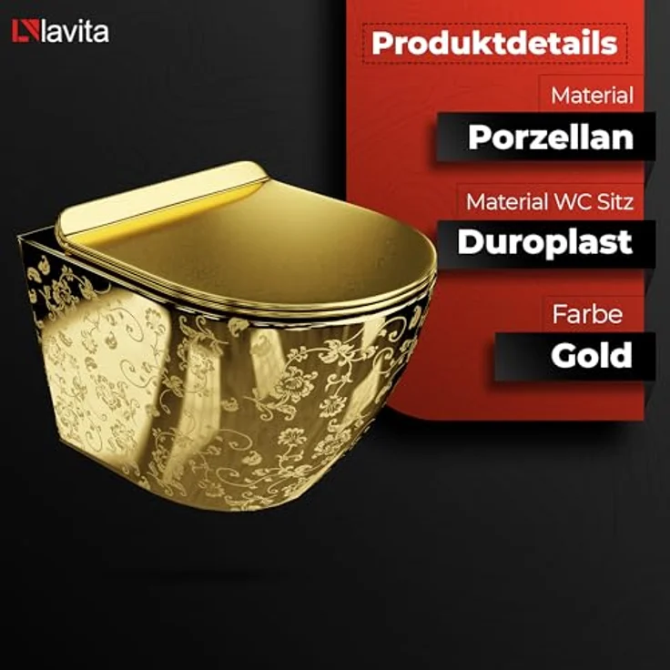 lavita Wand-WC Sofi Slim Golden Eye | Hänge Toilette mit Absenkautomatik & Metallscharniere | Spülrandlos Hängend | 365x490x395 mm | Gold – Bild 3