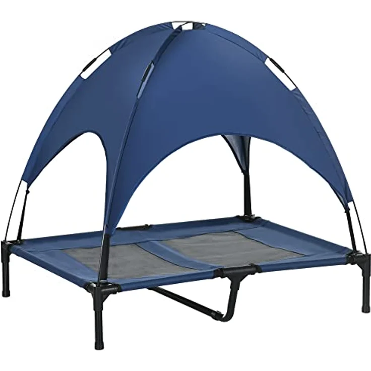 PawHut Haustierbett mit Baldachin, Erhöhtes Hundebett, Hundeliege Outdoor mit Dach, Atmungsaktiv, Taftstoff Dunkelblau 92 x 76 x 90 cm – Bild 1
