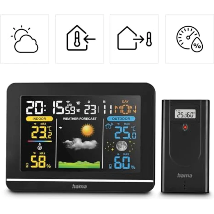 Hama Usedom, Wetterstation in Schwarz, DCF-Funkuhr, Frostalarm, Wettervorhersage und Raumklimaanzeige, zwei Weckzeiten – Bild 2