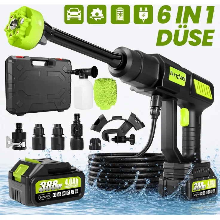 Bundviel Akku Hochdruckreiniger 21V, Hochdruckreinigerpistole mit Verlängerungsstange & 6-in-1 Düse für Auto und Garten, inkl. 4,0 Ah Lithium-Ionen-Akku