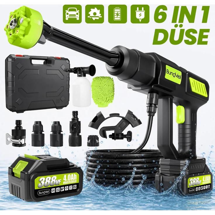Bundviel Akku Hochdruckreiniger 21V, Hochdruckreinigerpistole mit Verlängerungsstange & 6-in-1 Düse für Auto und Garten, inkl. 4,0 Ah Lithium-Ionen-Akku