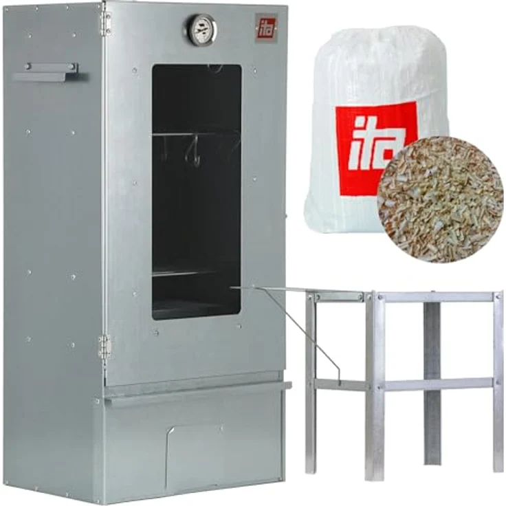 ITA Räucherofen 7002, Smoker Set mit Tisch, Edelstahl Räucherschrank mit Fenster & Thermometer, 81 cm, 3 Etagen, EU Qualität – Bild 1