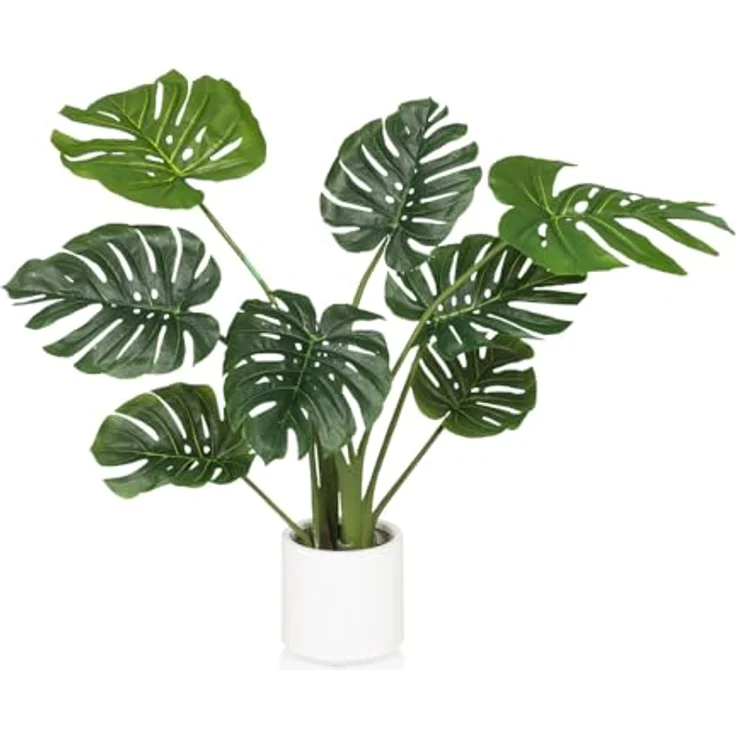 hjh OFFICE Kunstpflanze 90cm Monstera I Künstliche Deko Pflanze im weißen Topf, Tropischer Kunstbaum für Zuhause Büro, 8 Blätter – Bild 1