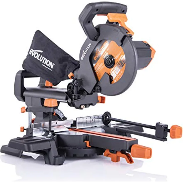 Evolution Schiebe-Kapp- und Gehrungssäge R210SMS+, 1500 W, 230 mm Schlitten, präziser Multimaterialschnitt mit Ø 210 mm HM/TCT Sägeblatt, Schrägschnitt und Gehrungswinkeln