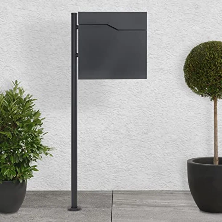 ECD Germany Standbriefkasten mit Zeitungsfach, Design Briefkasten mit Pfosten, Briefkastenanlage, Briefkastenständer Anthrazit 120cm Edelstahl, Postkasten Anthrazit 37x37cm Edelstahl pulverbechichtet – Bild 1