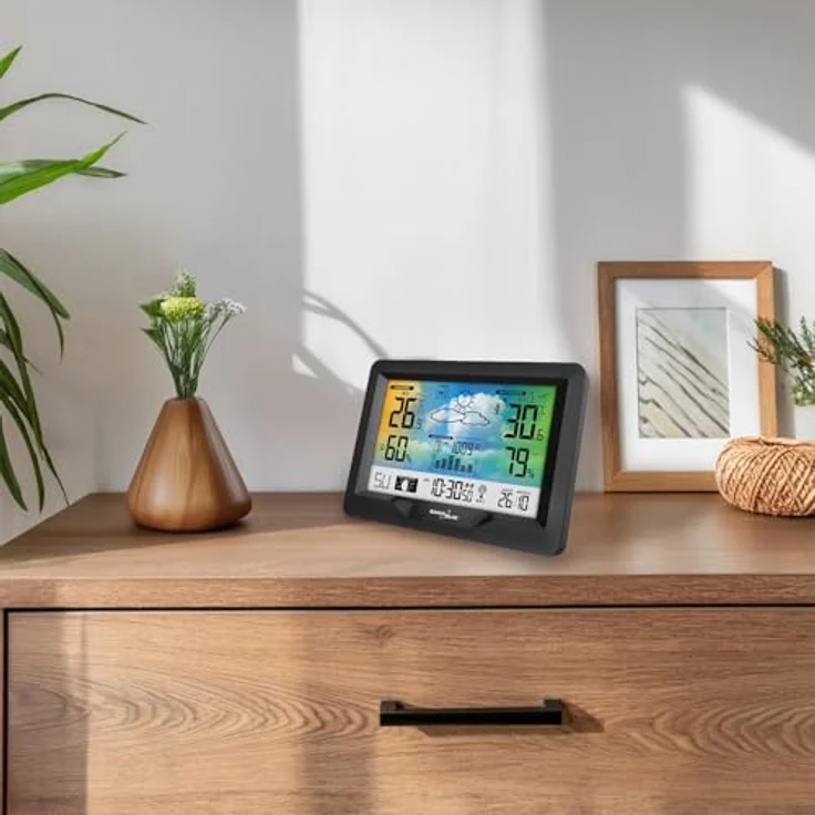 Greenblue GB540N, Funkwetterstation mit DCF, Mondphasen, Barometer, Kalender und kabellosem Aussensensor, schwarz – Bild 2