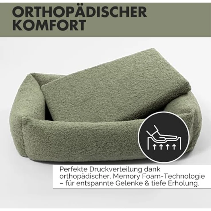 PAW WOW Sven Orthopädisches Hundebett, Teddy-Stoff, waschbar, olive, 80x60cm für kleine bis große Hunde – Bild 2