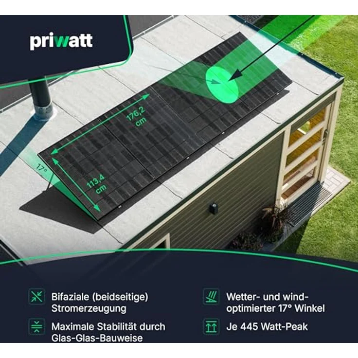 priwatt® Balkonkraftwerk Duo [890 Wp] ohne Halterung zur flexiblen Befestigung - Solaranlage Komplettset (2 bifaziale Solarmodule, TSUN Wechselrichter & Kabel-Zubehör) – Bild 4