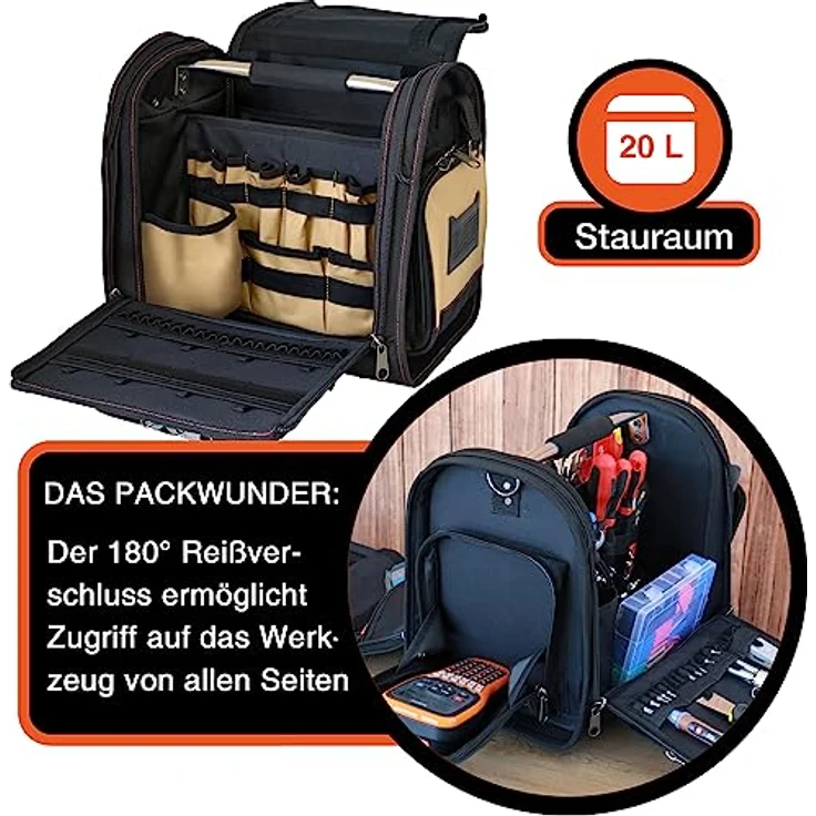 YPC Foreman Werkzeugtasche XL – Wasserfeste Aufbewahrungstasche mit 30 Fächern, robustem Metallgriff, Schultergurt, sand-schwarz, 37x36x27cm, 20 kg Tragkraft – Bild 4
