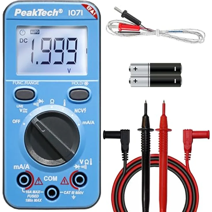 PeakTech P1071 – Digital Multimeter 10A AC/DC mit Auto-Range, 2.000 Counts LCD-Display, CAT III 600V, robustes Messgerät mit NCV-Modus und LED-Beleuchtung – Bild 1