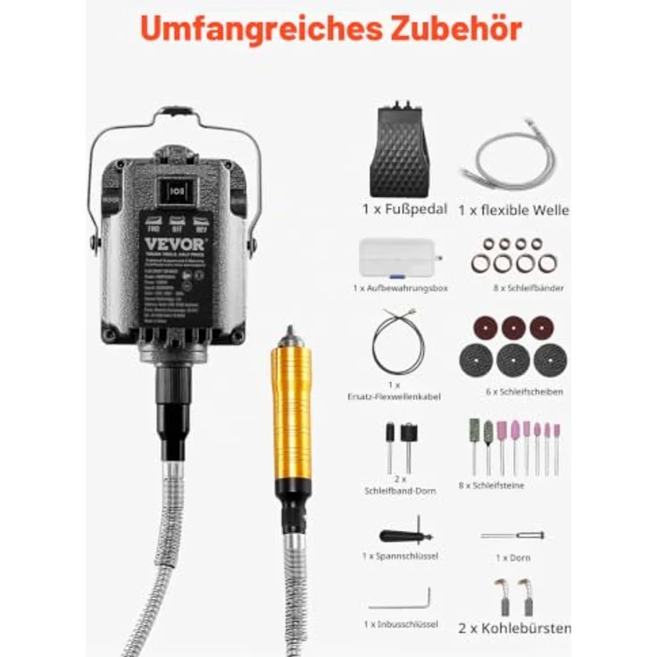 VEVOR Flexwellen-Schleifgerät 1000 W, 30.000 U/min, multifunktionale Hängeschleifmaschine mit 31-teiligem Zubehör und Fußpedal, ideal zum Schnitzen, Polieren und Bohren – Bild 4